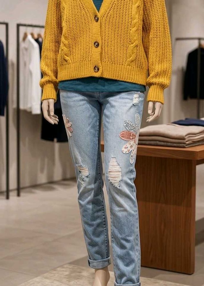 Distressed Denim Jeans with Floral Appliques