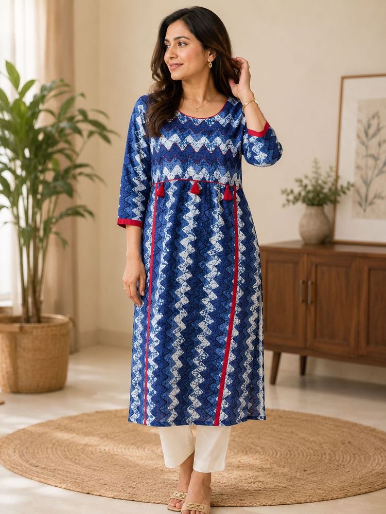 Blue Zigzag Print Kurta with Tassels