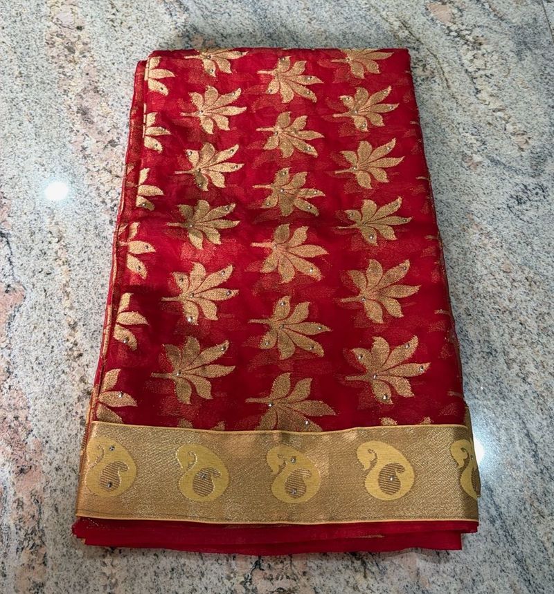 Stunning Red Saree with Gold Motif