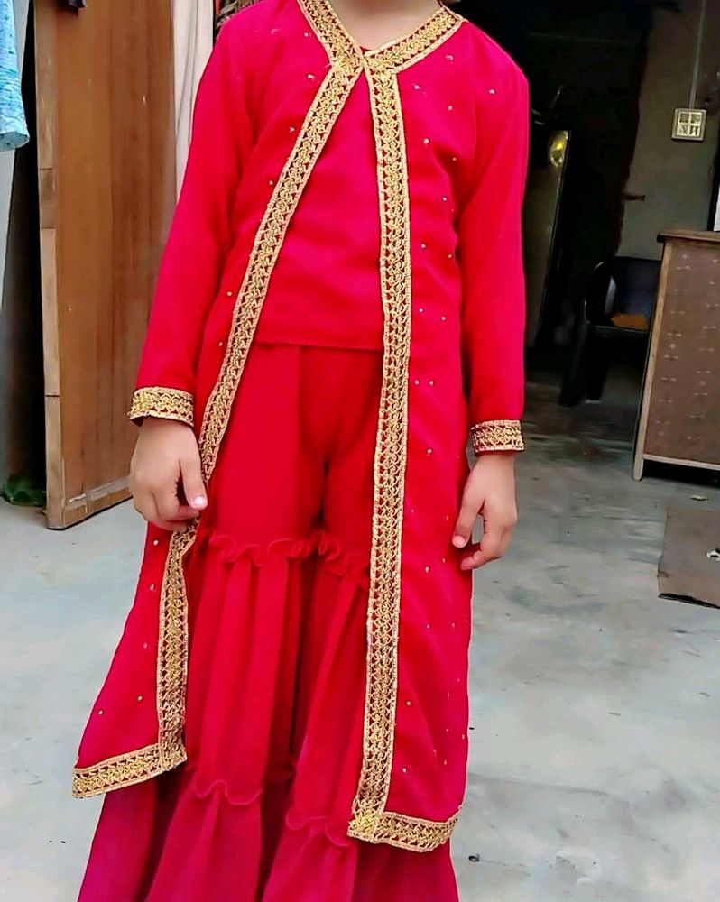 Girls' Festive Red Sharara Suit
