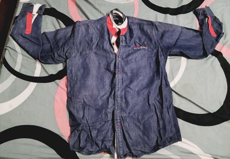 Denim Shirt with Red Accents