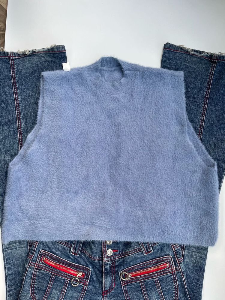 Fuzzy Back cutout Blue Sleeveless Top