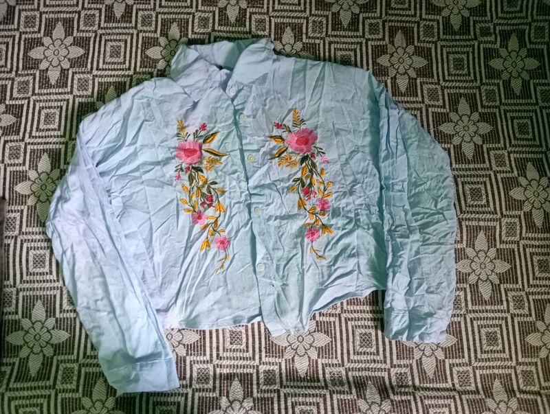 Light Blue Embroidered Cropped Shirt