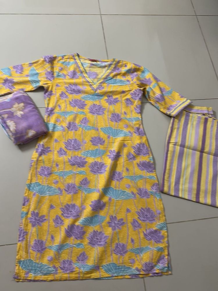Yellow Lotus Print Kurta Set