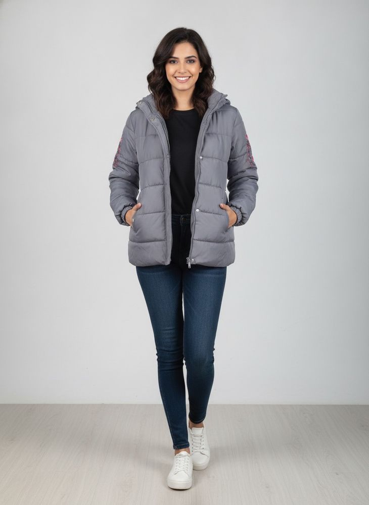 Stylish Padded Jacket with Floral Embroidery