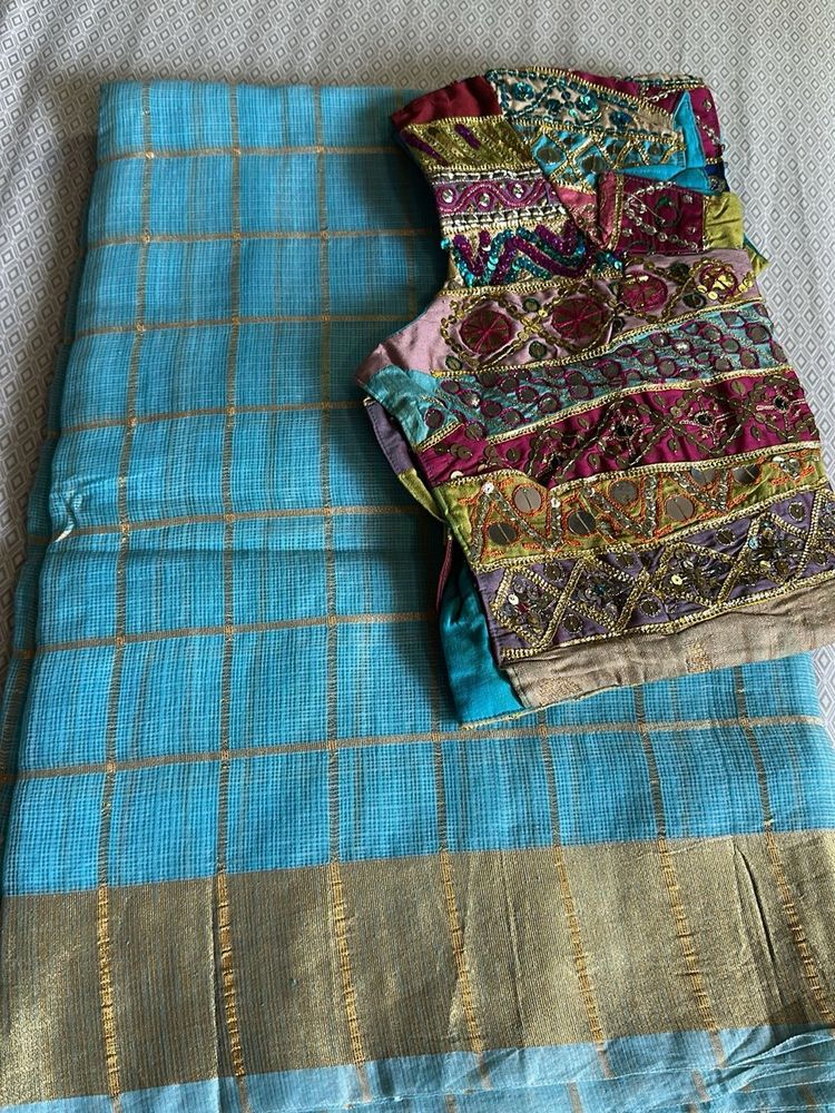 Beautiful Blue Saree with Embellished Blouse