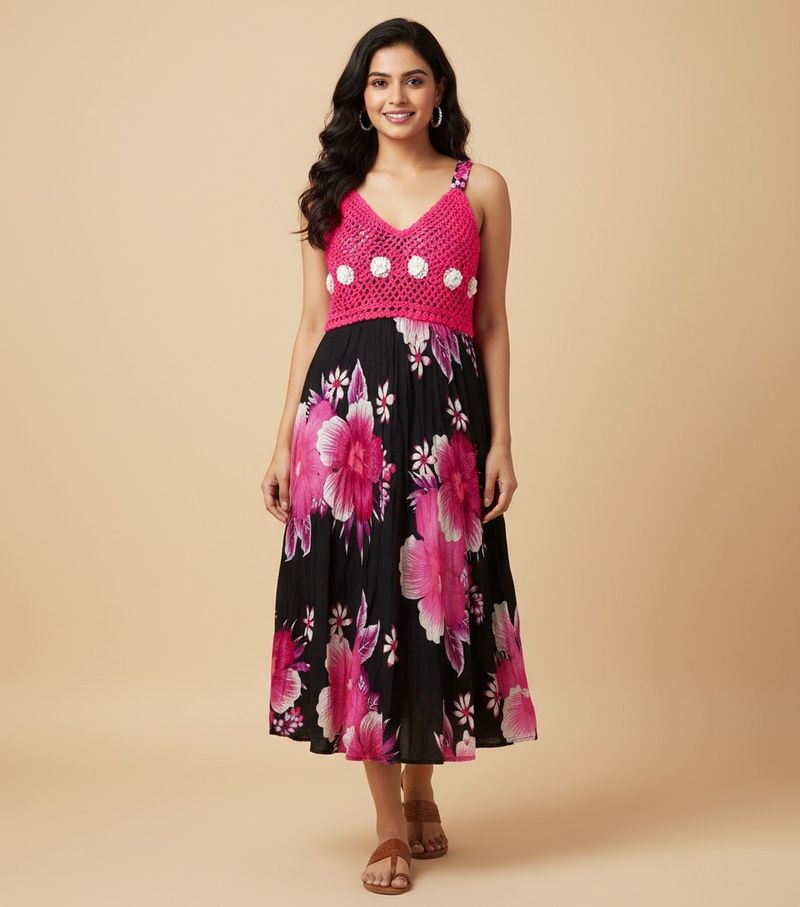 Floral Print Dress with Crochet Top