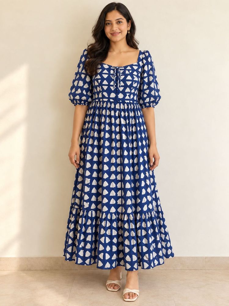 Blue &amp; White Block Print Maxi Dress