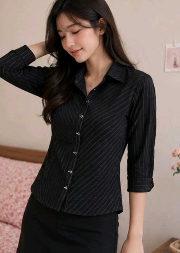 Classic Black Pinstripe Button-Up Shirt💫
