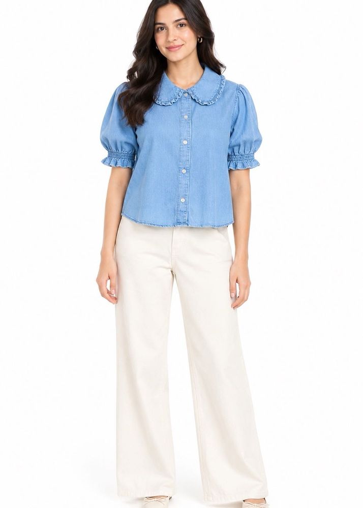 Chic Denim Puff Sleeve Collared Shirt
