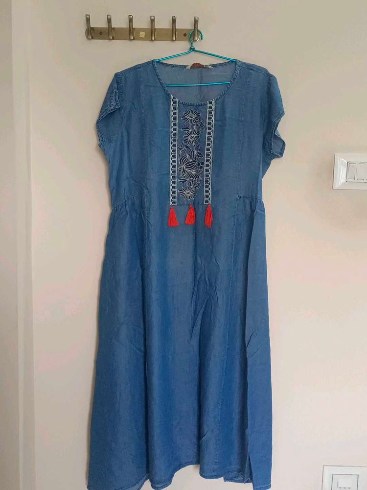Denim Dress with Tassels