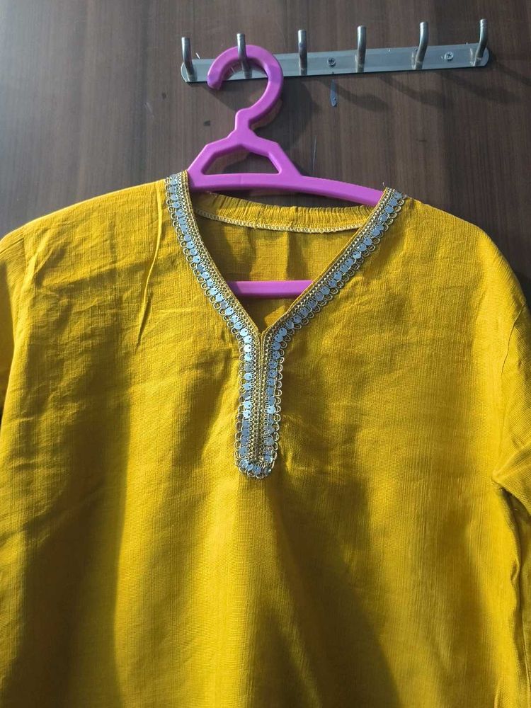 Beautiful Yellow Kurta with Embellished Neckline