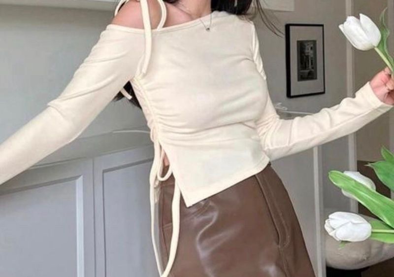 Cream Ruched Tie-Up Top
