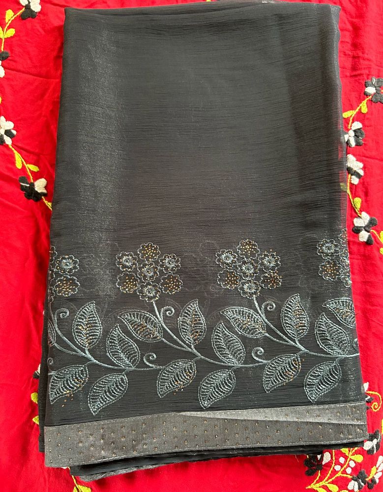 Elegant Embroidered Grey Saree