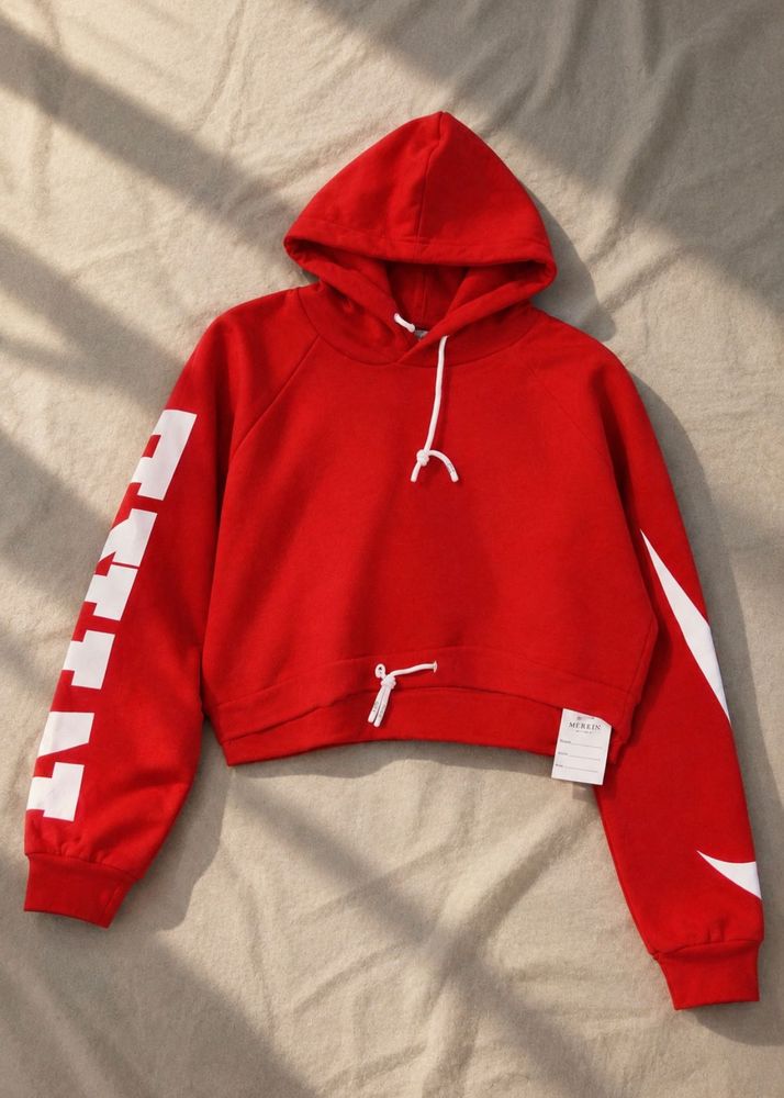 Red Cropped NIKE Hoodie with White Graphic Detail