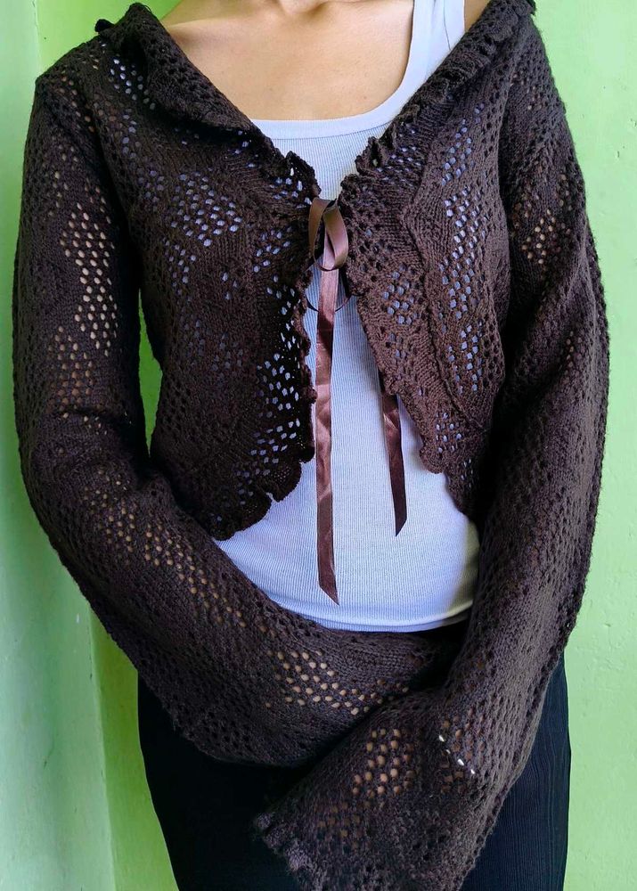 Chic Brown Crocheted Cardigan