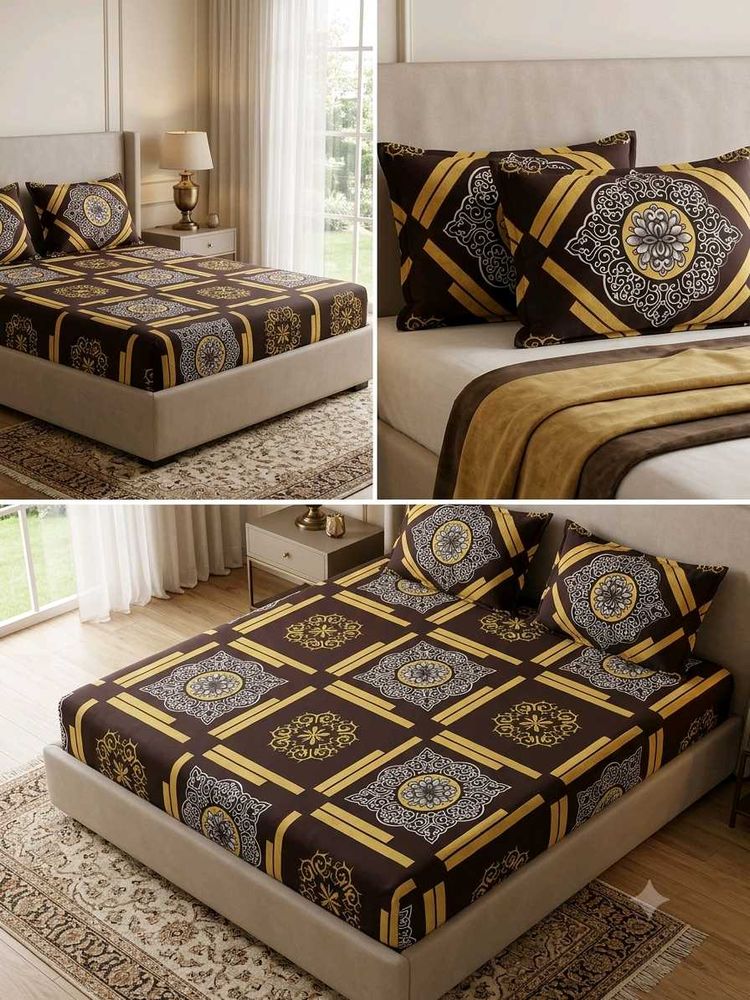 Elegant Brown&amp;Gold Medallion Double Bed Sheet Set