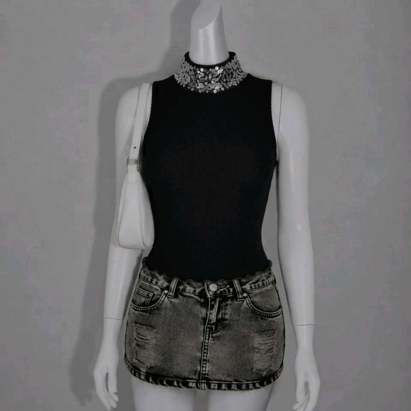 Sparkling Sequin Collar Sleeveless Top