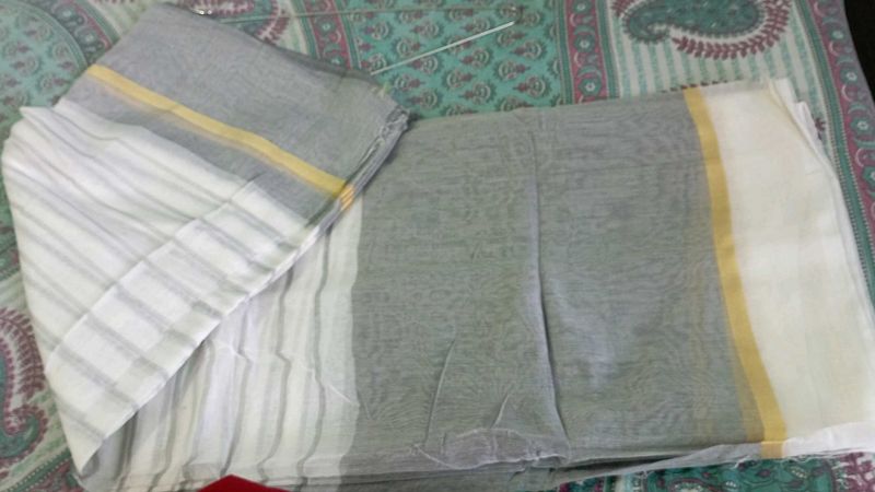 Elegant Grey &amp; White Striped Saree with one meter