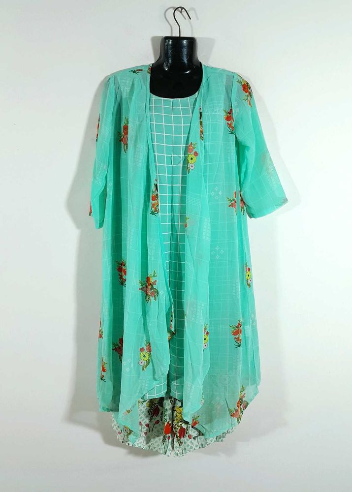 Sea Green Printed Overcoat Style Kurta Set