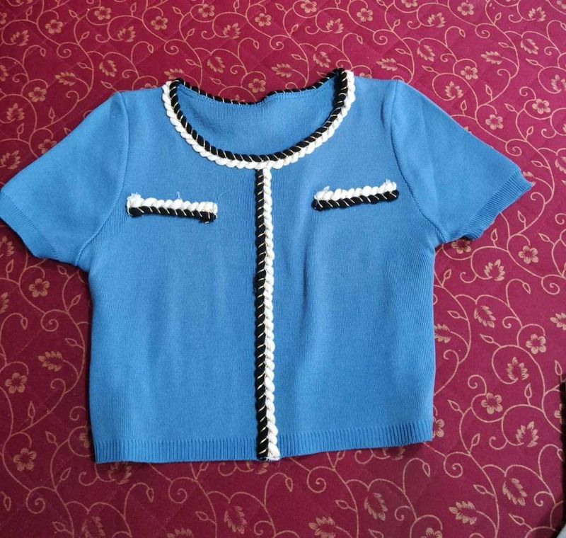 Blue Trimmed Short Sleeve koreanTop