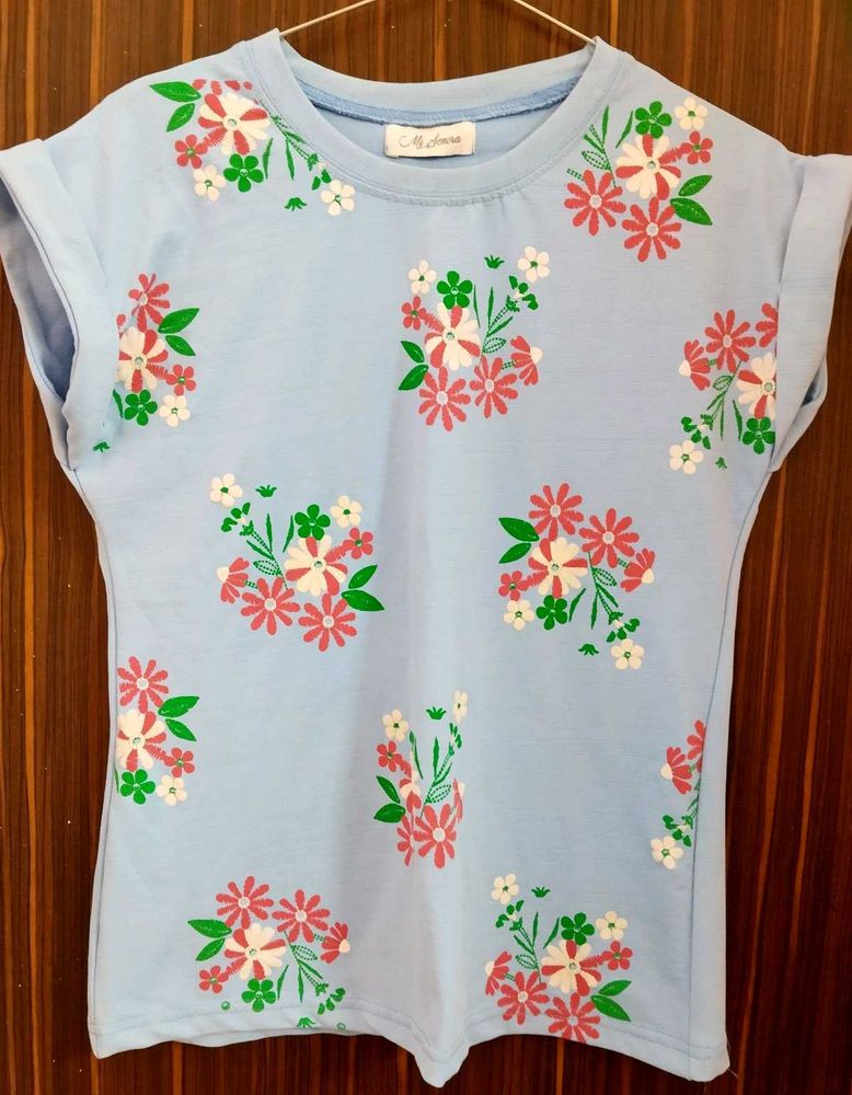 Baby Blue Floral Print T-Shirt