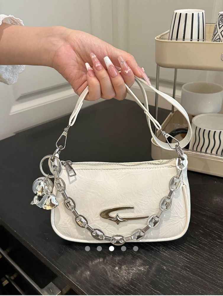 Chic White Shoulder Bag with Charms