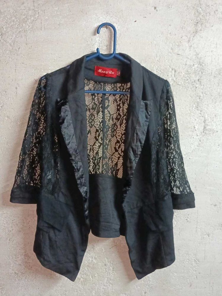 Trendy Black Lace Sleeve Blazer Top Sheer