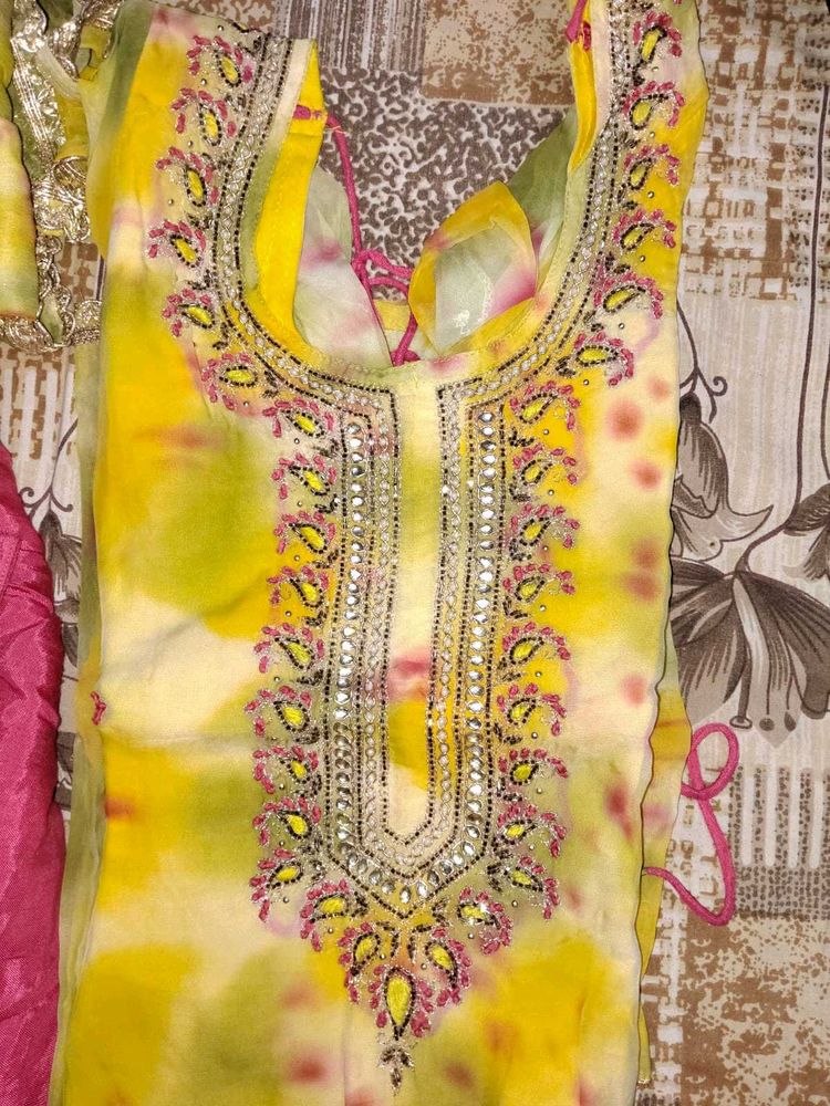 Yellow Kurta Set with Embellished Neckline