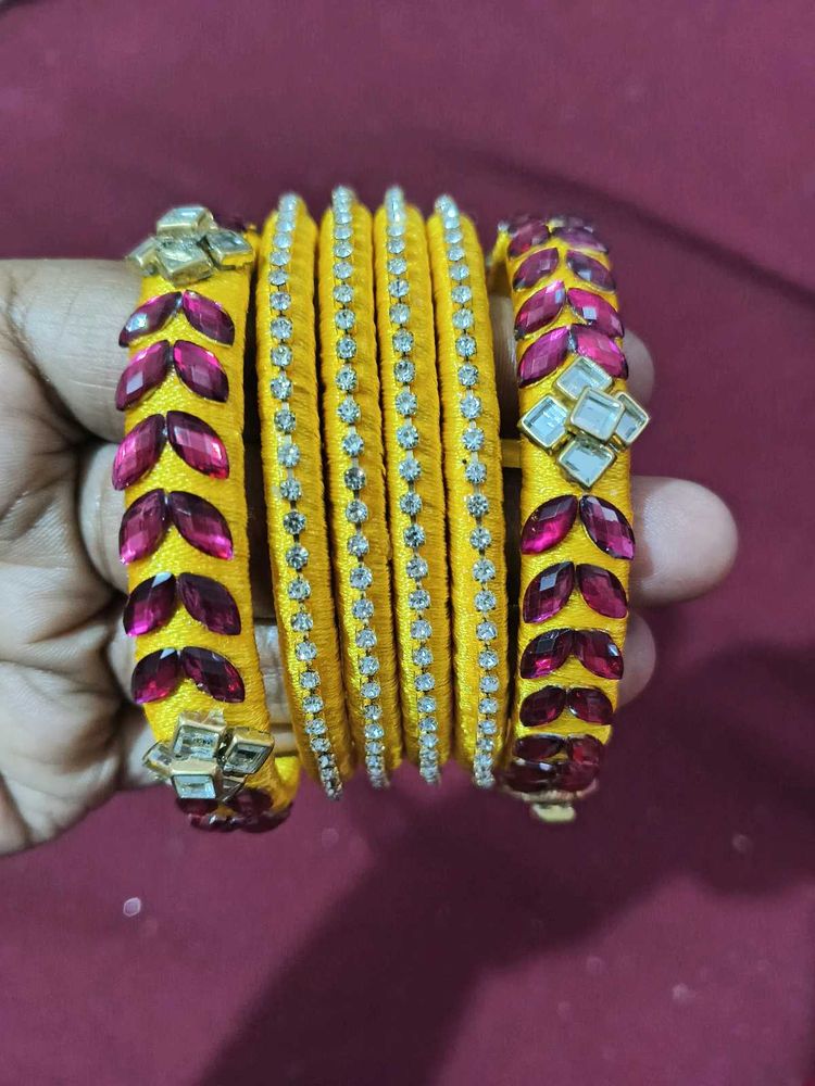 Yellow Silk Bangles with Kundan &amp; Rhinestones