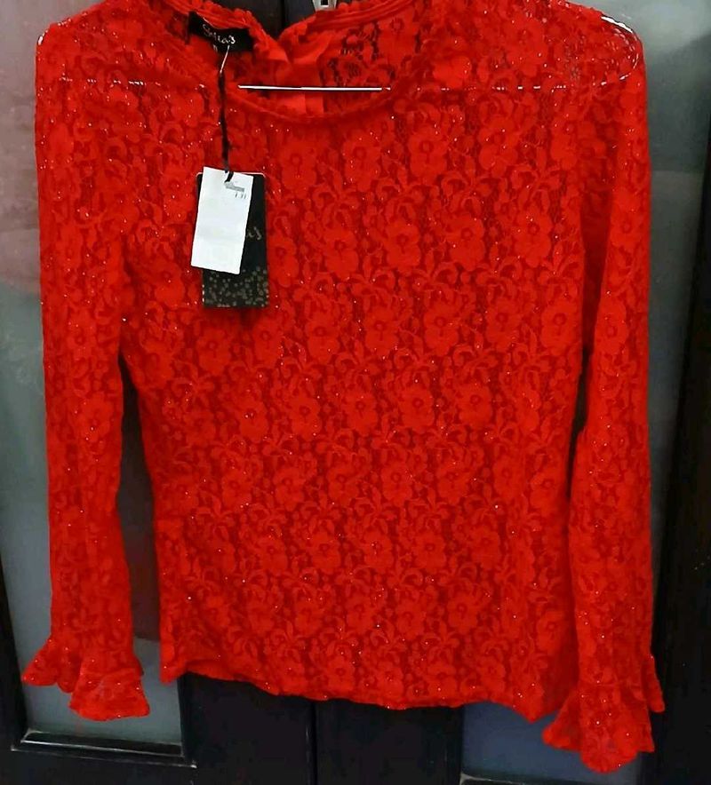Red Lace Long Sleeve Top