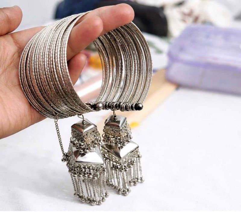 Silver Oxidized Bangles with Jhumkas