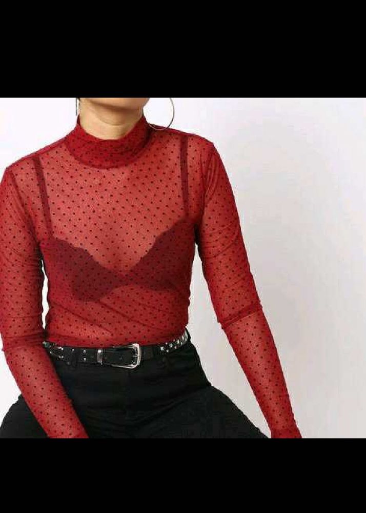 Sheer Polka Dot Turtleneck Top