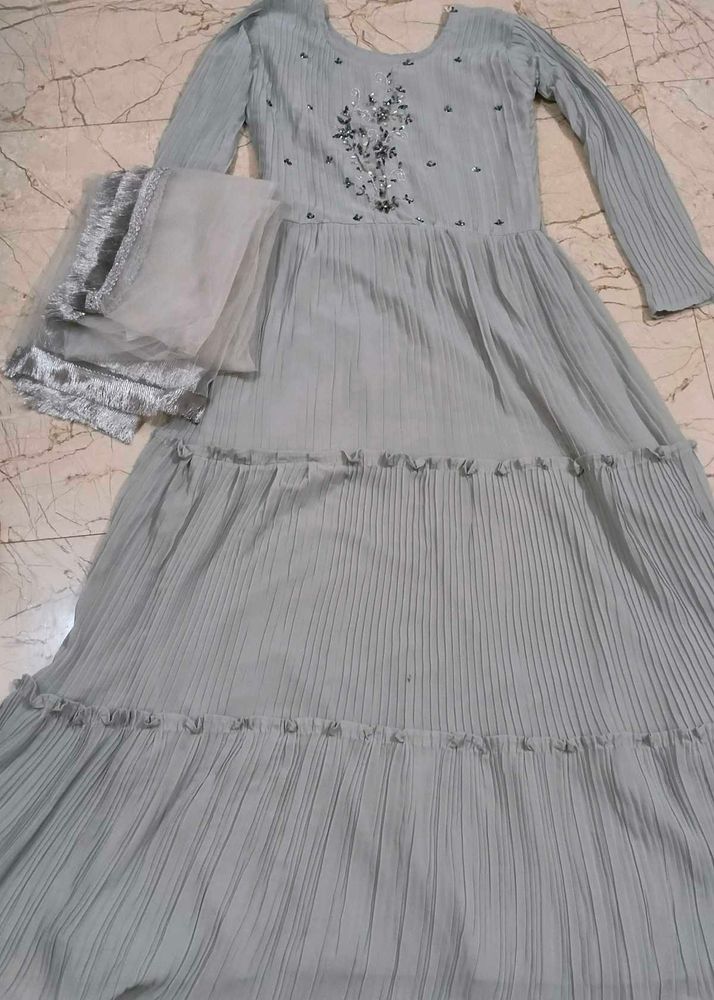 Elegant Sequined Tiered Gown with Dupatta