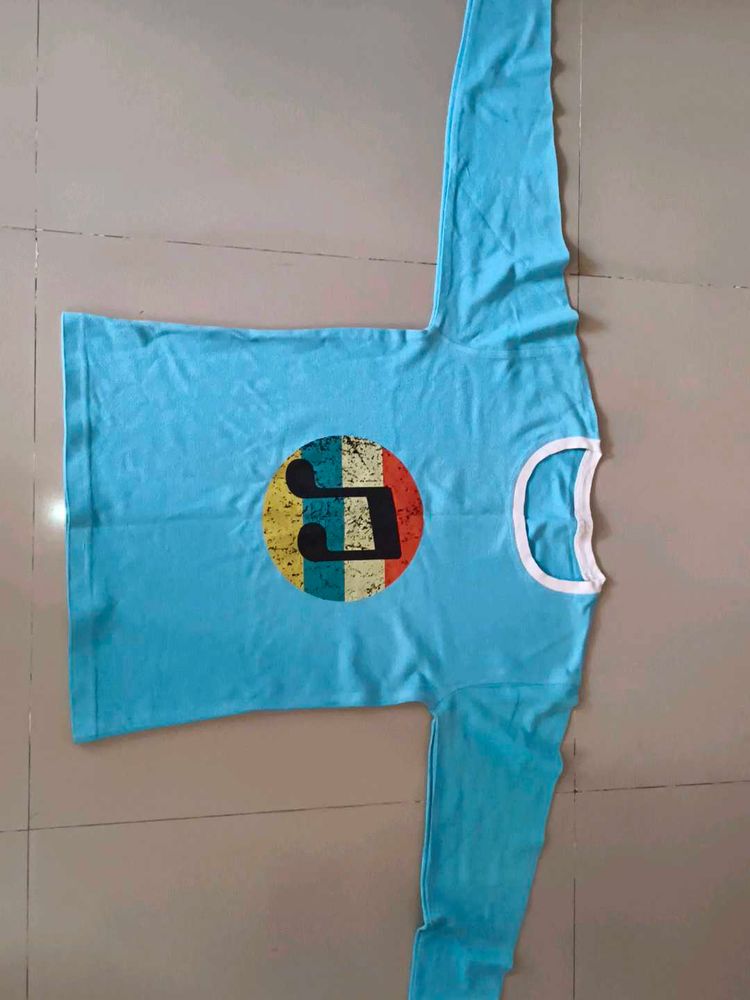 Light Blue Long Sleeve Top with Music Note Graphic