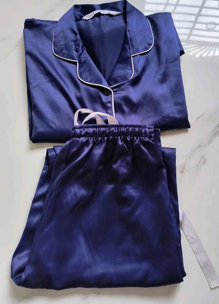 Navy Blue Satin Pajama Set