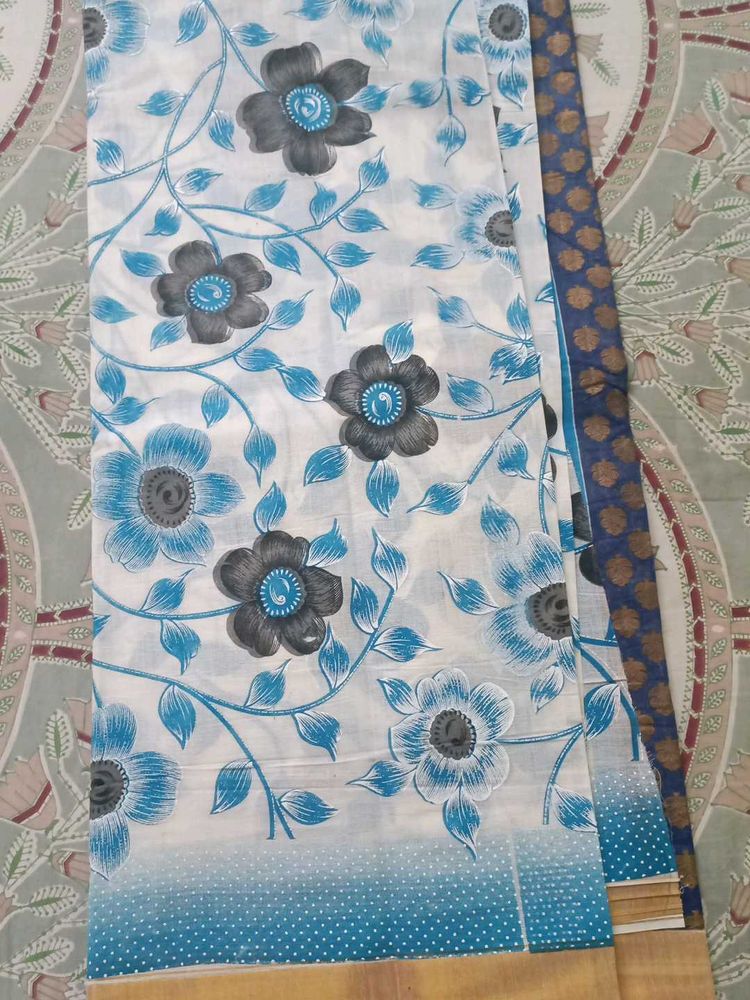 White Cotton Saree with floral design