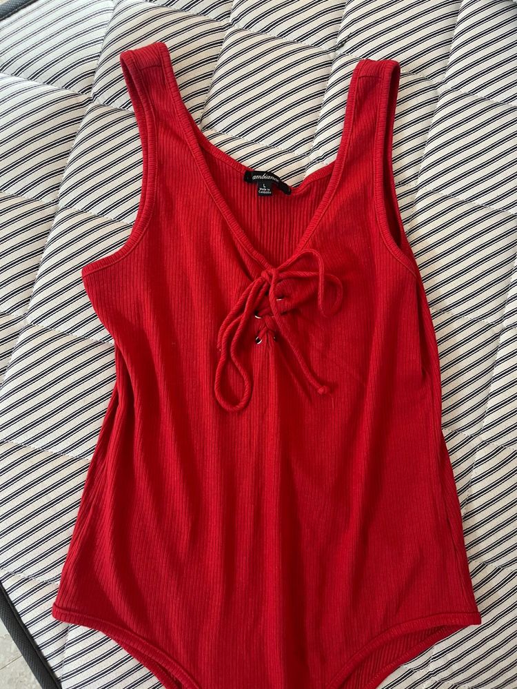 Vibrant Red Lace-Up Ribbed Bodysuit