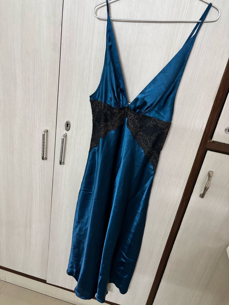 Teal Satin Night Slip Dress