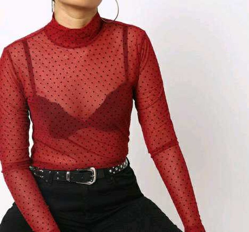 Red Polka Dot Mesh Top