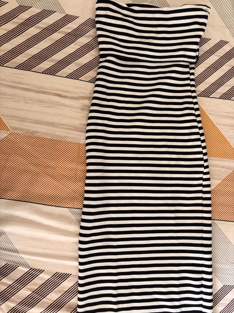 Black &amp; White Striped Strapless Dress