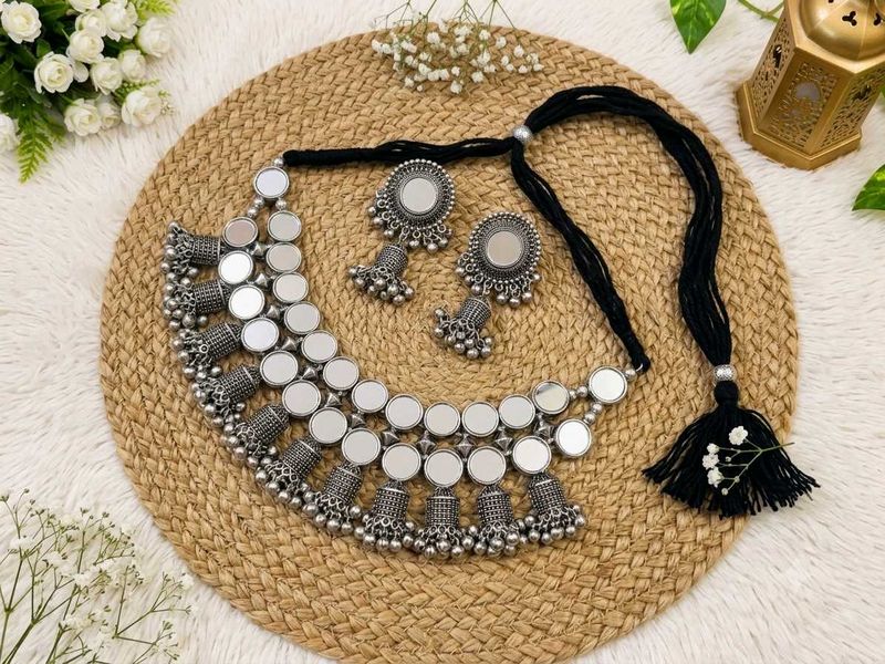 Oxidised Mirror Work Necklace Set