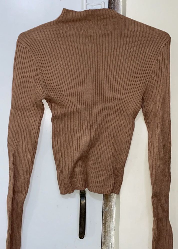 Brown Ribbed Mock Neck Sweater