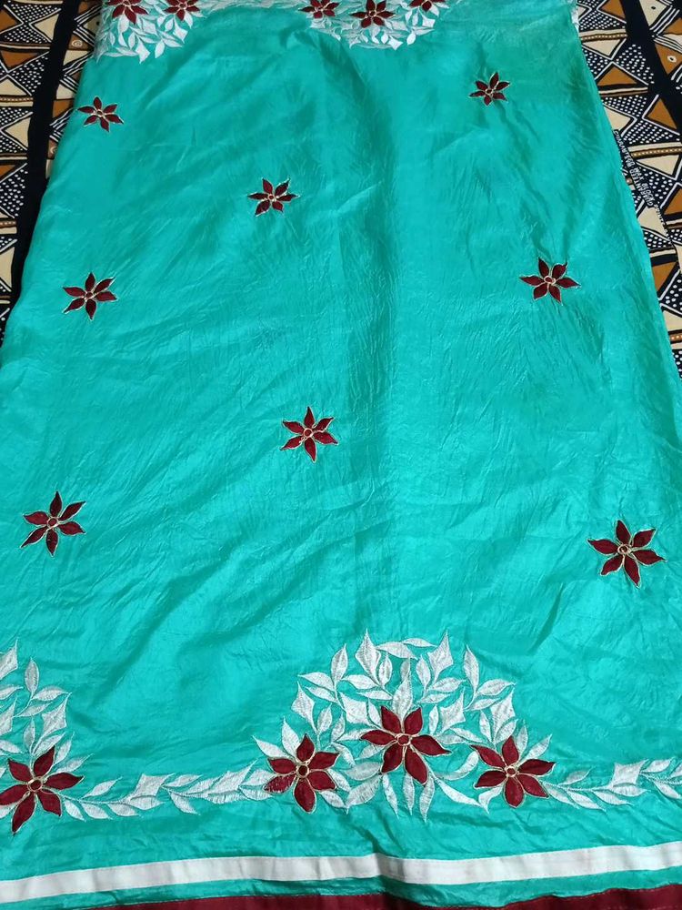 Beautiful Teal Saree with Floral Embroidery
