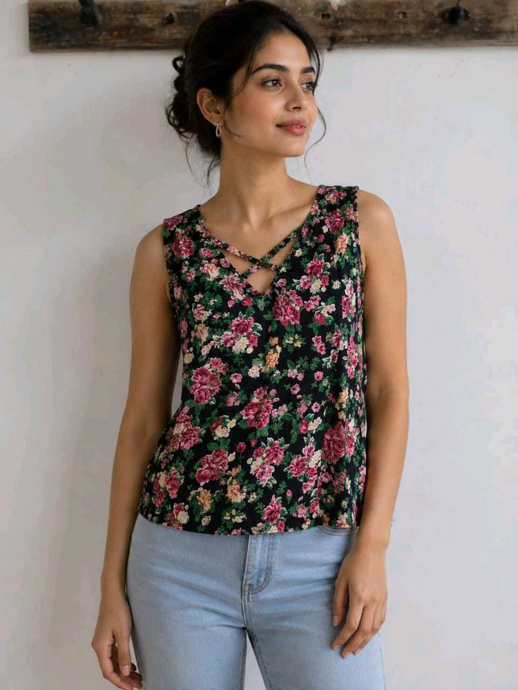 Floral V-Neck Sleeveless Top
