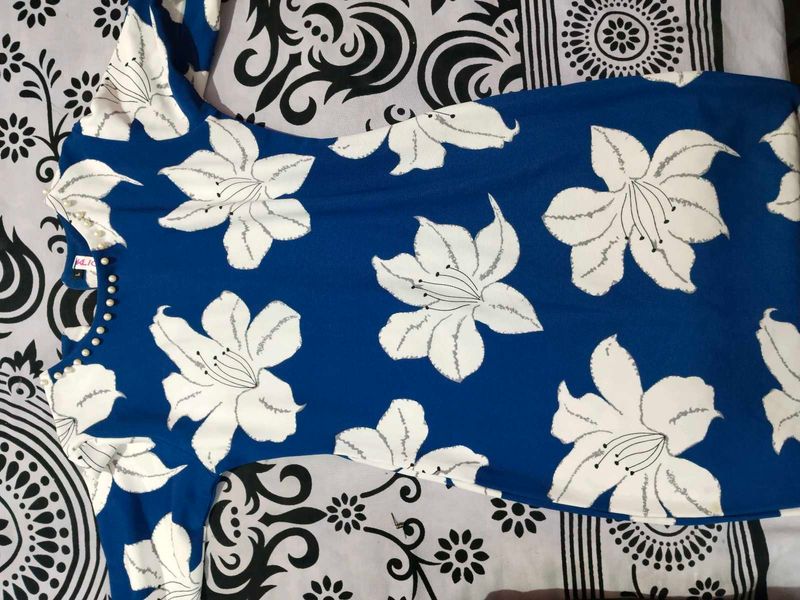 Blue Floral Print midi dress with Pearl Detail