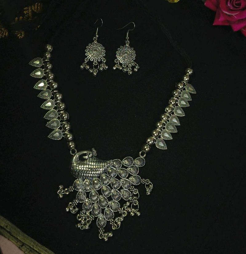 Silver Oxidized Peacock Necklace and Earring Set