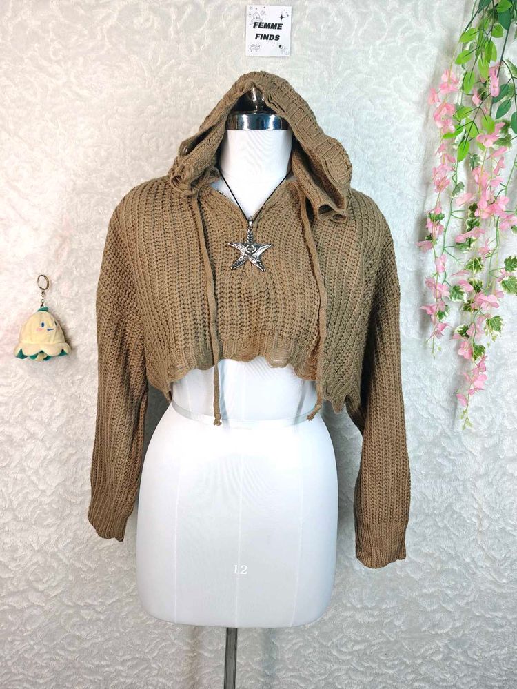 Cropped Knit Hoodie