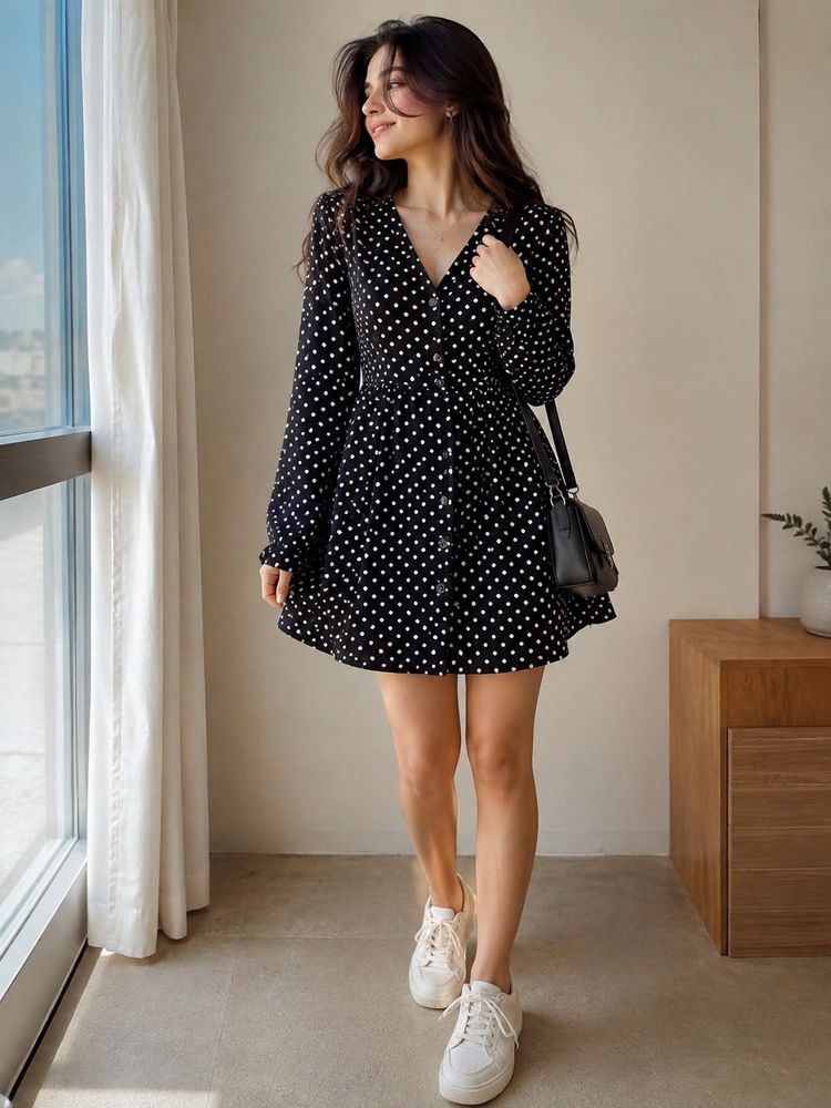 Chic Black Polka Dot Button-Up Dress