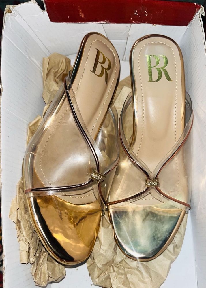 Stylish Gold &amp; Clear Wedge Heels new unused